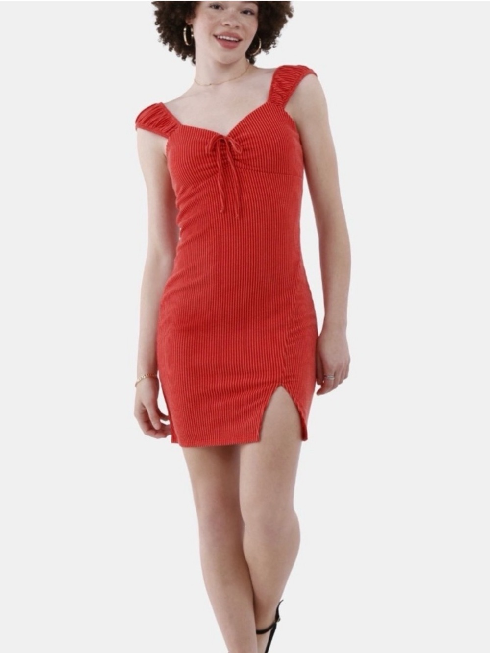 NWT No Boundaries Red Ribbed Mini Dress with Ruffle Straps & Slit